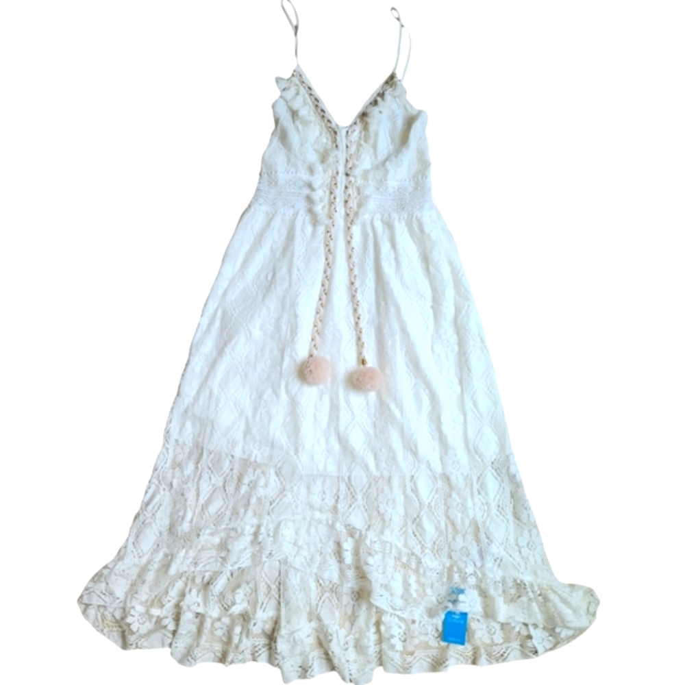NWT Ariya V-Neck White Lace Up Ruffles Sheer Lace Dress Womens Size EXTRA SMALL
